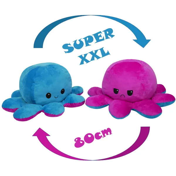KUNSTIFY XXL Plush Giant Octopus Cuddly Mood Toy, Reversible, Large, 80 cm, Blue, Purple