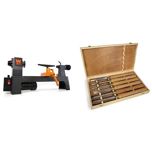 WEN LA3421 3.2-Amp 8-Inch by 13-Inch Variable Speed Mini Benchtop Wood Lathe, Black & CH11 6-Piece Artisan Chisel Set with 6-Inch High-Speed Steel Blades and 10-Inch England Beech Handles - 2022 Model Lathe + Chisel Set, 6-Piece