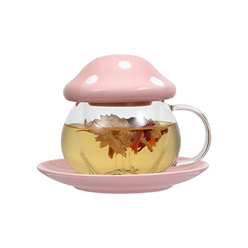 Mushroom Cup Glass Tea Cup with Lid Tray Strainer Filter Infuser for Loose Leaf Tea Cute Tea Mug in Color Printing Gift Box 11oz (Pink) - Pink