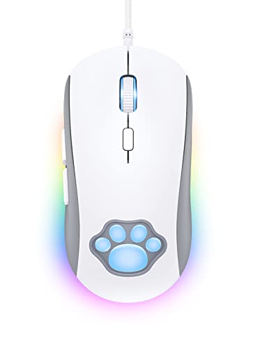 PHNIXGAM Cat Paw RGB Gaming Mouse, Silent Optical Computer Mice USB Wired with 6 Adjustable DPI Up to 7200, RGB Lighting, 6 Programmable Buttons for Windows/Vista/Linux (White) - White