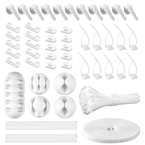 Cord Management Organizer Kit 2 Cable Sleeve Split with 41Self Adhesive Cable Clips Holder, 10pcs and 2 Roll Self Adhesive tie and 100 Fastening Cable Ties for TV Office Home Electronics etc - White