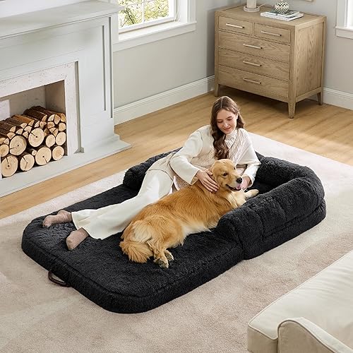 Bedsure Foldable Human Dog Bed for People Adults, 2 in 1 Calming Human Size Giant Dog Bed Fits Pet Families with Egg Foam Supportive Mat and Waterproof Liner, Faux Fur Orthopedic Dog Sofa, Black - Foldable Size(71x43x10") - Black