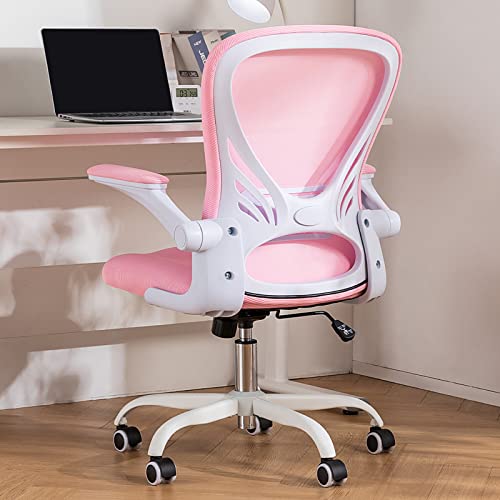 Hramk Ergonomic Office Chair, Mid Back Swivel Desk Chair with Flip-up Arms, Small Mesh Computer Chair for Slim Adults, Kids, Women (Pink) - Pink