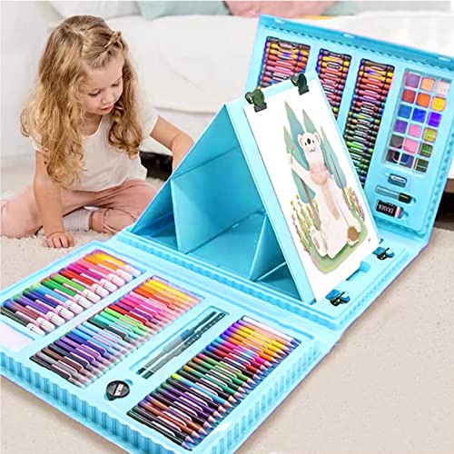 XDISHYN 208 PCS Art Supplies, BRAND Drawing Art Kit for Kids Adults Art Set with Double Sided Trifold Easel, Oil Pastels, Crayons (Blue) - Blue