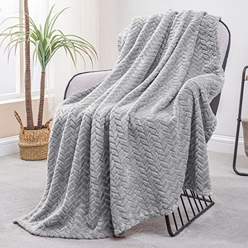 Exclusivo Mezcla Large Flannel Fleece Throw Blanket, 127x178 CM Sofa Throws, Soft Jacquard Weave Leaves Pattern Throws for Sofa, Light Grey Blanket - Light Grey - Single/Throw (127x178 CM)