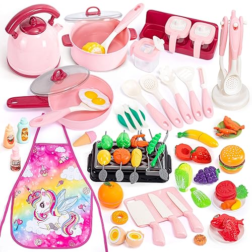 Hohosunlar 89PCS Kids Kitchen Playset w/ Toy Pots Pans Unicorn Apron BBQ Grill Camping Cooking Playset Pretend Play Food Set Toy Vegetables Fruits Play Kitchen Accessories for Girls Toddlers Age 3+… - PINK