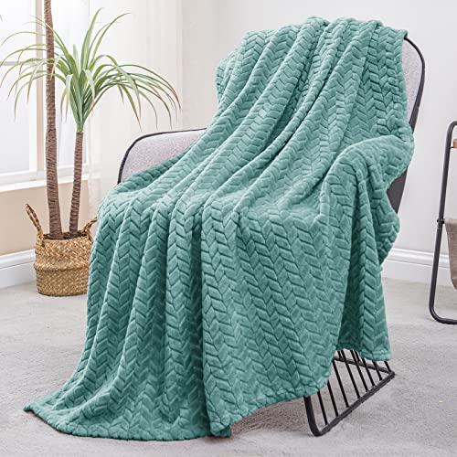 Exclusivo Mezcla Large Flannel Fleece Throw Blanket, 127x178 CM Sofa Throws, Soft Jacquard Weave Leaves Pattern Throws for Sofa, Celadon Blanket - Celadon - Single/Throw (127x178 CM)