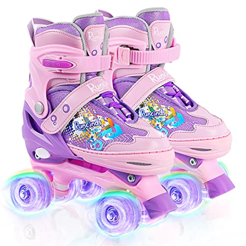 Runcinds Adjustable Kids Roller Skates for Girls Kids, Toddler Roller Skates for Beginners with Light Up Wheels Outdoor Indoor - Purple - S (9C-12C UK) 165-190mm