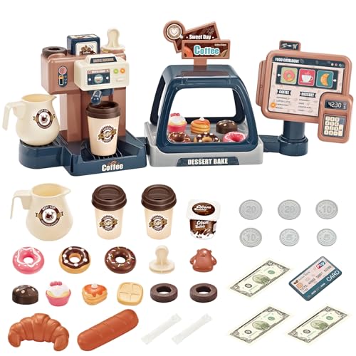 deAO Pretend Kitchen Play Store Coffee Playset Kids Coffee Maker Play Set Dessert Shopping with Coffee Machine Cash Registers Toy Great Pre-School Gift for Toddlers Boys & Girls Age 3+