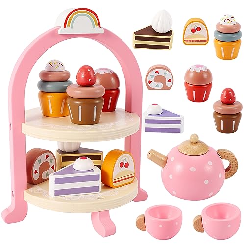 HYAKIDS Wooden Tea Set for Toddlers, Cake Stand Dessert Toys Afternoon Tea Party Set, Pretend Role Play Food Kitchen Accessories Birthday Gifts for Kids Girls Boys Age 3 4 5