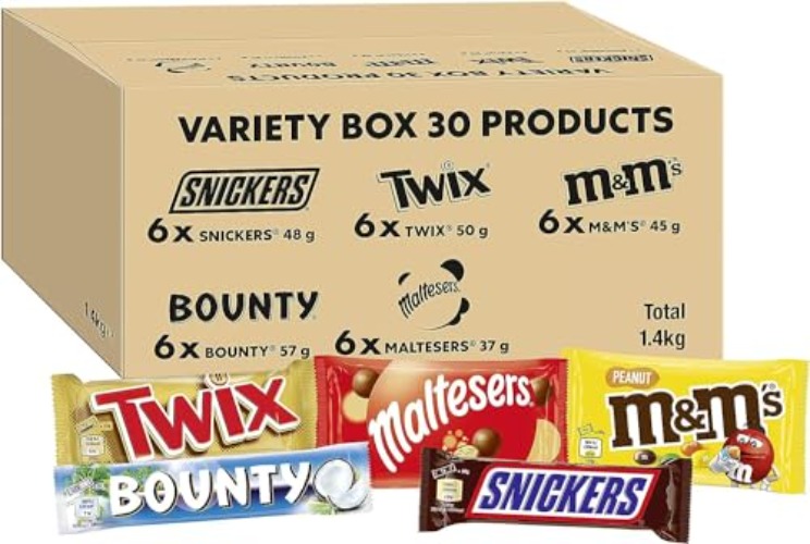M&M's, Snickers & More, Mixed Chocolate Bar Variety Bulk Box, Chocolate Gift, 30 Bars, 1.4kg - Variety Box