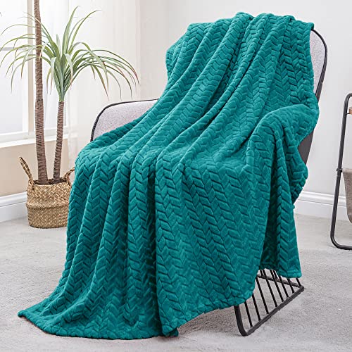 Exclusivo Mezcla Large Flannel Fleece Throw Blanket, 127x178 CM Sofa Throws, Soft Jacquard Weave Leaves Pattern Throws for Sofa, Teal Blanket - Teal - Single/Throw (127x178 CM)