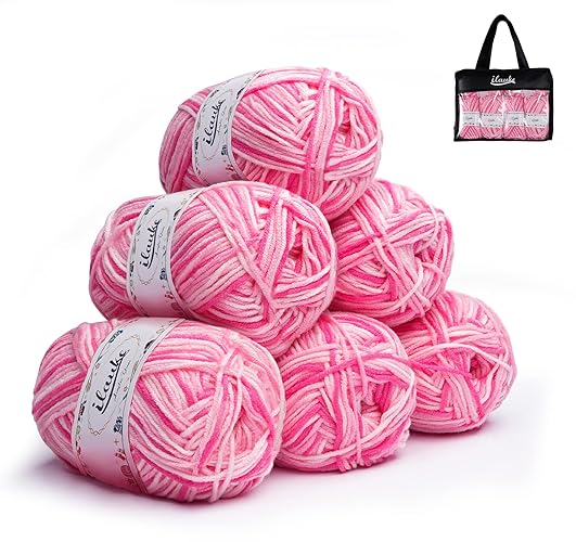 ilauke Crochet Yarn Balls(6 X 50g, 4-Ply), Knitting Wool Yarn for Crochet, Double Knitting Wool with Carrying Bag, Acrylic Yarn for DIY Craft and Crochet Project, Pink - Pink x 6