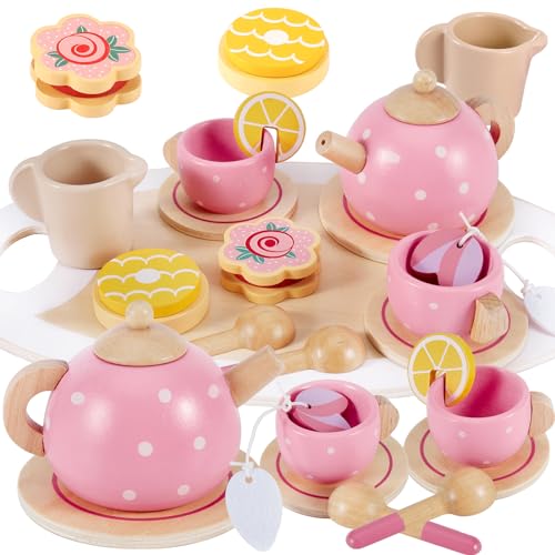 AOLEVA Wooden Afternoon Tea Set for Toddler, Children Tea Party Set with Play Food Dessert Tray Teapot Kitchen Accessories Birthday Gifts for 3 4 5 Years Old Girls Kids Boy