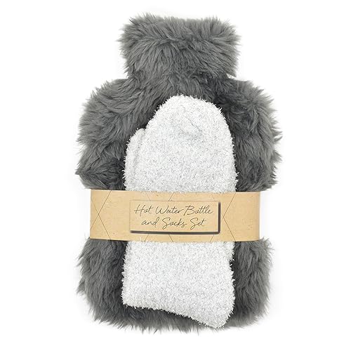 Faux Fur Hot Water Bottle and Sock Gift Set - Grey