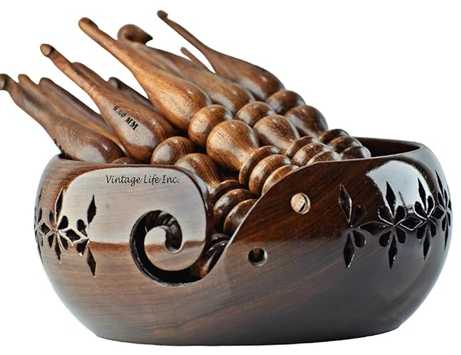 DnU Avenue Sheesham Wood Set of 13 Ergonomic Crochet Hooks 3.5 MM to 12 MM, Wooden Yarn Crochet Hooks for Arthritic Hands, Knitting & Crochet Storage, Soft Grip, Wood finish, Brown (Hooks with Bowl B)