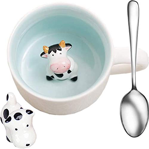Cow Cute Cartoon Tazze Animali Ceramica Caffè Tazze Creative Uomini e Donne Coppie Acqua con Artigianato Porcellana Piccolo Mucca e Cucchiaio Tazza Acqua Potabile Calore Tazza Celadon Cup, 350 ML