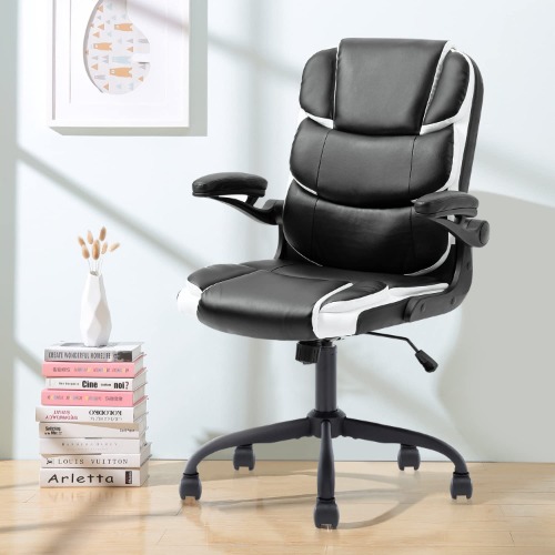 Home Office Desk Chairs Modern Executive Chair with Wheels PU Leather Computer Chair with Arms for Adults, Black&White / Light Pink