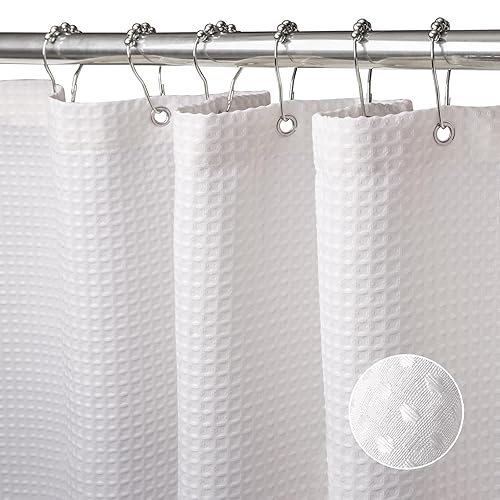 Waffle Weave Shower Curtain with Stainless Steel Hooks - 256 GSM Heavy Duty Fabric Bath Curtains, Hotel Luxury Quality, Water Resistant, Machine Washable, Weighted Hem, 72 x 72 Inches (White) - Waffle - White - 72W x 72L inch (1 Panels)
