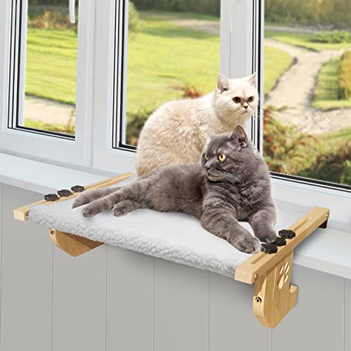 Cat Window Perch Sturdy Cat Window Hammock with Wood and Metal Frame-No Drilling Required-Multiple Ways to Use-Cat Bed for Windowsill,Floor,Bedside or Cabinet-Suitable for Large Cats(L-White Plush) - White Plush-(L-Large Cat)