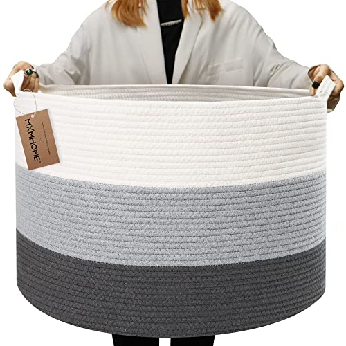 MXMHOME Large Cotton Rope Basket - Throw Blanket Storage for Pillows in Living Room Woven Baby Laundry Basket with Handle Nursery Basket Soft Toy Storage Basket Comfoter Cushions Thread Hamper - 3-Toned Grey