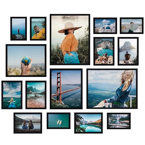 Giftgarden 16 Pack Black Picture Frames for Multi Sizes Photos, Assorted Set Including Two 11x14, Two 8x10, Six 5x7, Six 4x6, Gallery Collage Frame for Wall or Tabletop Display - Black