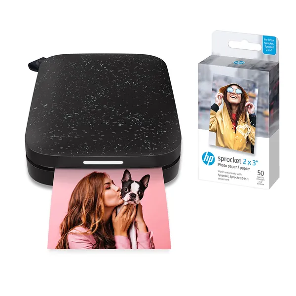HP Sprocket Portable Photo Printer (2nd Edition) – Instantly print 2x3" sticky-backed photos from your phone – [Noir] [1AS86A] and Sprocket Photo Paper, 50 Sheets - Black Noir 50 Pack Paper Bundle