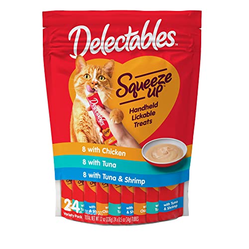 Delectables Squeeze Up Interactive Wet Cat Treats - Variety Pack - 24 Count - 1 count (Pack of 24) - Tuna, Chicken, Tuna & Shrimp - Squeeze Up