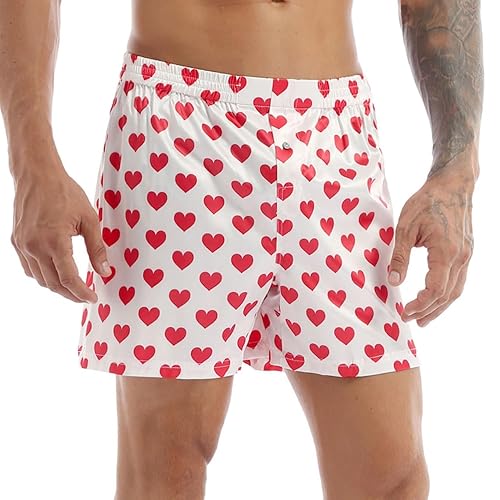 RUNQHUI Men's Boxer Shorts Silk Feeling Pajamas Bottoms Love Heart Print Sleep Shorts with Button Fly - White - Large