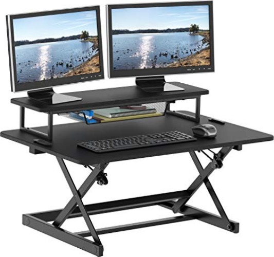 SHW Standing Desk Converter 36-Inch Pneumatic Height Adjustable with Monitor Riser, Black - Black