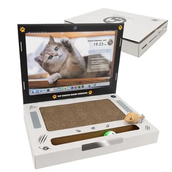 Scratch Pad Pro Laptop for Cats, Luwrevc Cute Cat Laptop Scratcher with Fluffy Mouse, Foldable Interactive Cat Computer Scratching Pads Cardboard Toys Compatible with Laptop Sleeve Bag