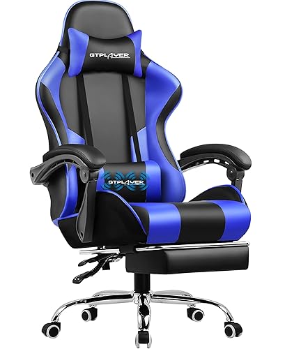 GTPLAYER Gaming Chair, Computer Chair with Footrest and Lumbar Support, Height Adjustable Game Chair with 360°-Swivel Seat and Headrest and for Office or Gaming ((Blue) - Blue - Faux Leather