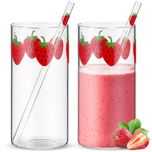 Tessco 2 Sets Strawberry Cups Nana Strawberry Glass Cup with Straw Lovely Glass Tumbler Strawberry Cup Clear Tumbler Strawberry Pattern Glasses Bottle for Juice Water Milk Coffee Tea(Elegant) - Elegant