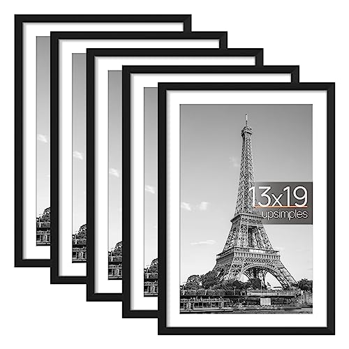 upsimples 13x19 Picture Frame Set of 5, Display Pictures 11x17 with Mat or 13x19 Without Mat, Wall Gallery Photo Frames, Black - Black - 13x19
