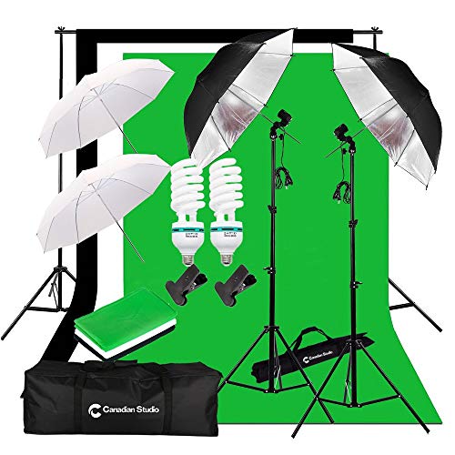 CanadianStudio Upgraded Photo Studio Continuous Umbrella 1000 watt equivalent output Lighting kit Black/White/Green High Key Muslin Backdrop Stand light Kit for Portrait Photography,Studio and Video Shooting