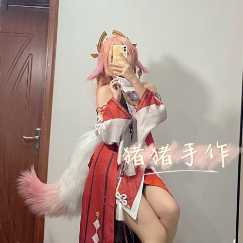 Genshin Impact Yae Miko Headwear Ear White Pink Fox Tail Ear Dangle Earrings Cosplay Prop Halloween Event Stage Performance Prop