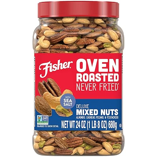 Fisher Oven Roasted Never Fried Deluxe Mixed Nuts, 24 Ounces (Pack of 1), Almonds, Cashews, Pecans, Pistachios, Snacks for Adults, Made With Sea Salt, No Added Oil, Artificial Ingredients or Preservatives, Trail Mix, Gluten Free​ - Deluxe Mixed Nuts - 1.5 Pound (Pack of 1)