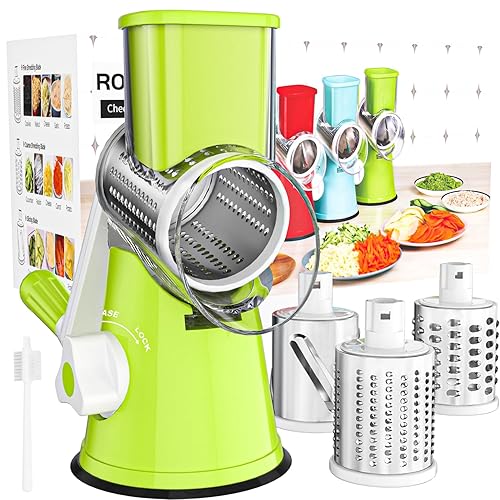 Cambom Rotary Cheese Grater Hand Crank Cheese Shredder for Fresh Cheese, Vegetable, Nuts,Non-slip Suction Base, Free Cleaning Brush Three Blades, Green