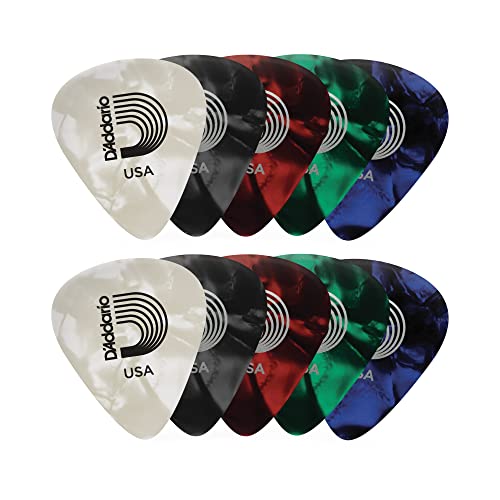 D'Addario Accessories Celluloid Guitar Picks - 10 Pack - for Acoustic, Electric and Bass Guitar Accessories - Natural Feel, Warm Tone - Assorted, Medium - Medium - 10-pack - Assorted