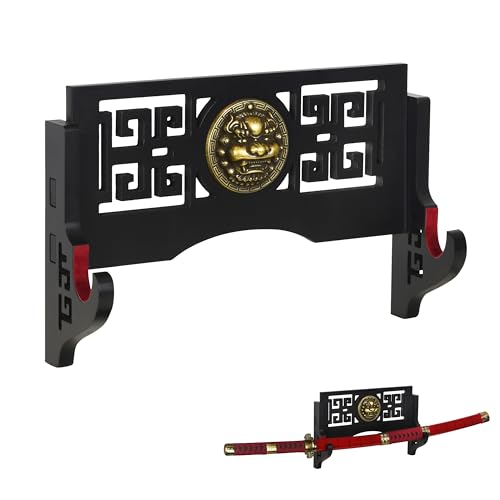 LoGest Wall Mount Sword Holder - 4 Tier Options Available - Crafted Using Wood Katana Holder - Furnished in Black With a Gold Lion’s Head - Desirable Sword Display Gift Option - Sword Holder Wall (1-Tier) - 1-Tier