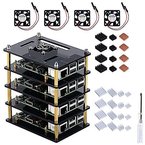 GeeekPi Cluster Case for Raspberry Pi 4 Model B, Pi Case with Cooling Fan and Heatsinks for Raspberry Pi 3 Model B+, Raspberry Pi 3/2 Model B - Brown