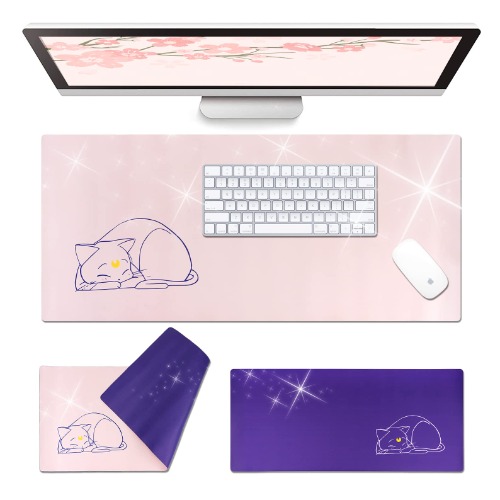 Glopastel Anime Cat Moon Desk Pad | Double Sided Pale Pastel Pink Purple | Waterproof Faux Leather Mat Mousepad | Luna Kawaii Cute Desk Office Laptop Makeup Blotter Protector (Pink Purple, Large)
