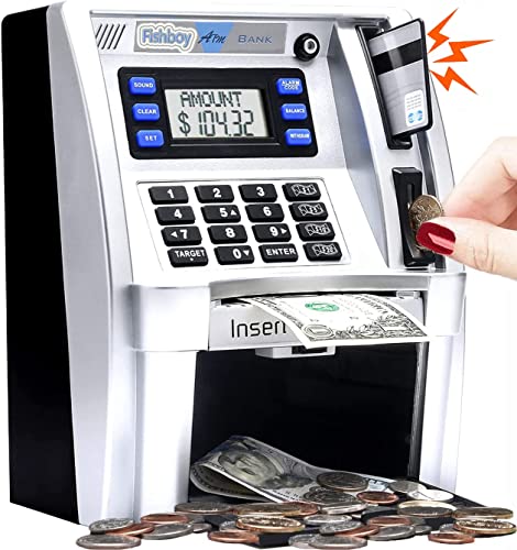 𝟐𝟎𝟐𝟑 𝐔𝐩𝐠𝐫𝐚𝐝𝐞𝐝 ATM Piggy Bank for Real Money for Kids with Debit Card, Bill Feeder, Coin Recognition, Balance Calculator, Digital Electronic Savings Safe Machine Box - Silver/Black