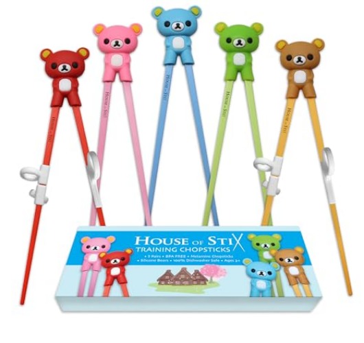 Kids chopsticks for kids children beginner adults toddler training chopsticks with reusable helper (Bears 5-Pack) - Bears 5-Pack