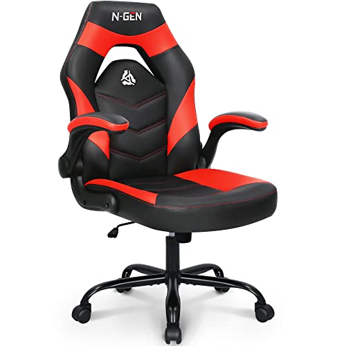 N-GEN Gaming Chair Ergonomic Office Chair Computer Desk Chair with Lumbar Support Flip Up Arms Adjustable Height Swivel PU Leather Executive PC Chair with Wheels for Adults Women Men (Red) - Red