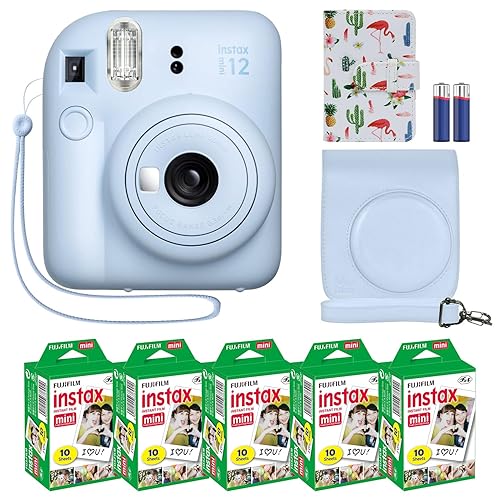 Fujifilm Instax Mini 12 Instant Camera + MiniMate Accessory Bundle & Compatible Custom Case + Fuji Instax Film Value Pack (50 Sheets) Flamingo Designer Photo Album (Pastel Blue) - Pastel Blue