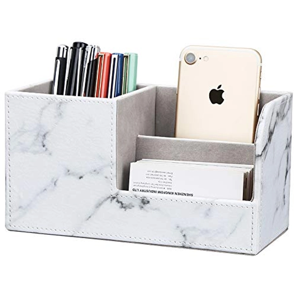 KINGFOM PU Leather Desk Organizer Pen Pencil Holder Business Name Cards Remote Control Holder (S-Gray Marble Pattern)