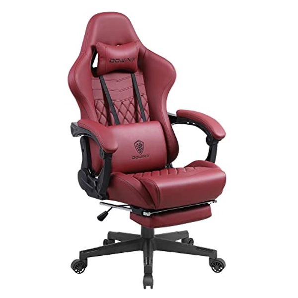 Dowinx Gaming Chair Office Desk Chair with Massage Lumbar Support, Vintage Style Armchair PU Leather E-Sports Gamer Chairs with Retractable Footrest Rose Red