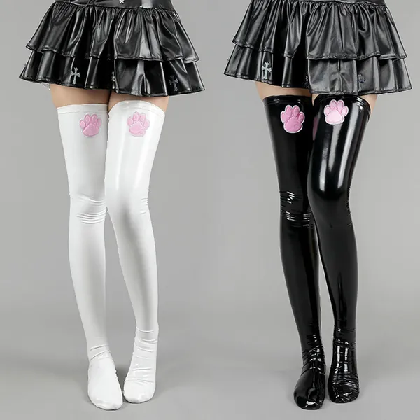 Adorable Faux Leather Cat Paw Thigh High Socks - 2 Color Options