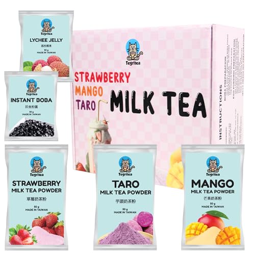 Best Bubble Tea DIY Kit | Ready in 1 Minute | 500ml Per Serving (Strawberry | Mango | Taro, 9 Servings) - Strawberry | Mango | Taro (Boba & Jelly Toppings) - 9 Count (Pack of 1)